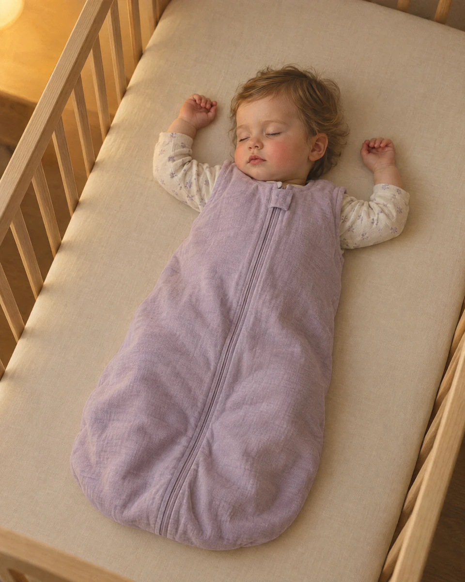 Bebé dormido boca arriba en su cuna, con un saco de dormir lila