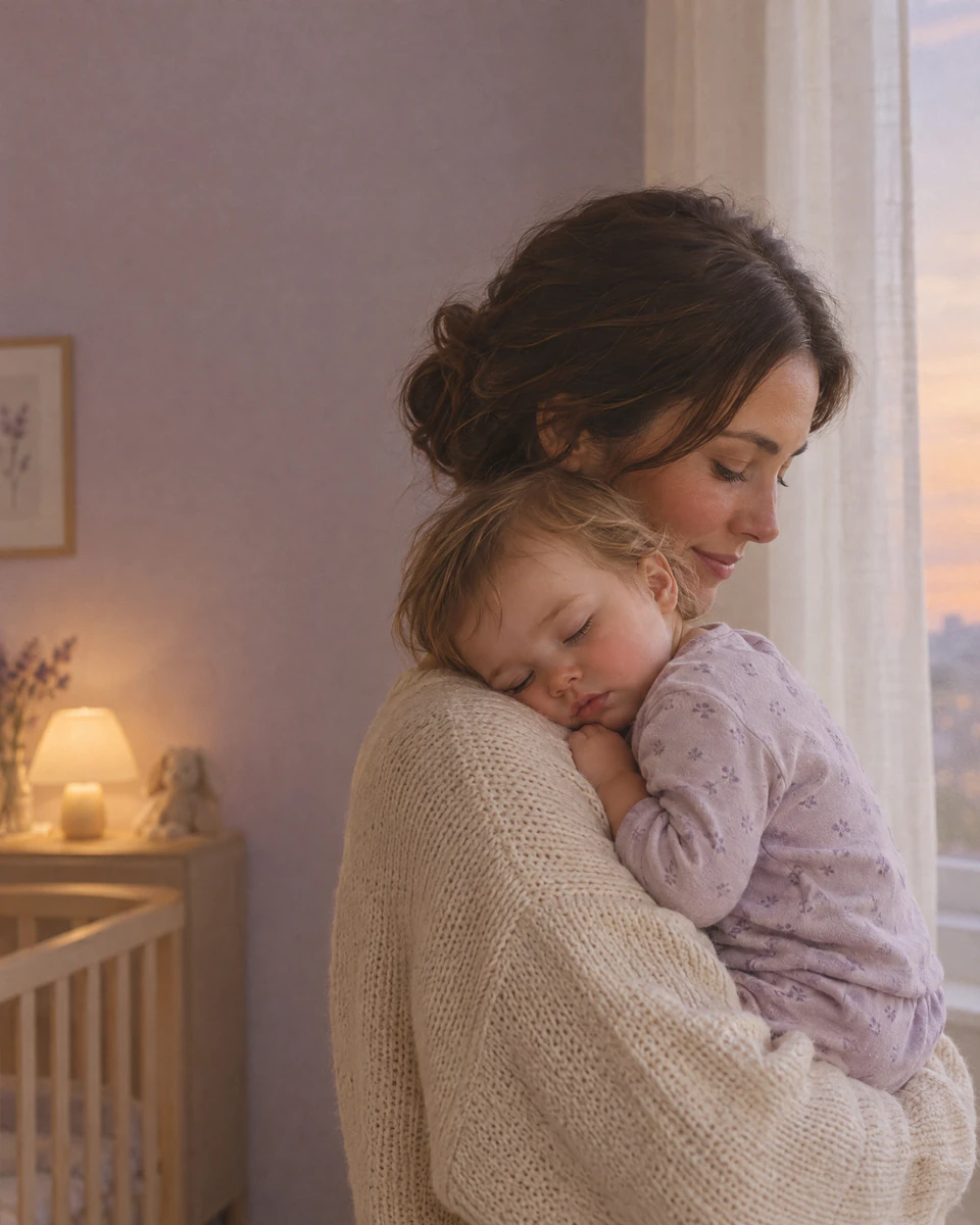 Una madre sostiene en brazos a su peque dormido al anochecer