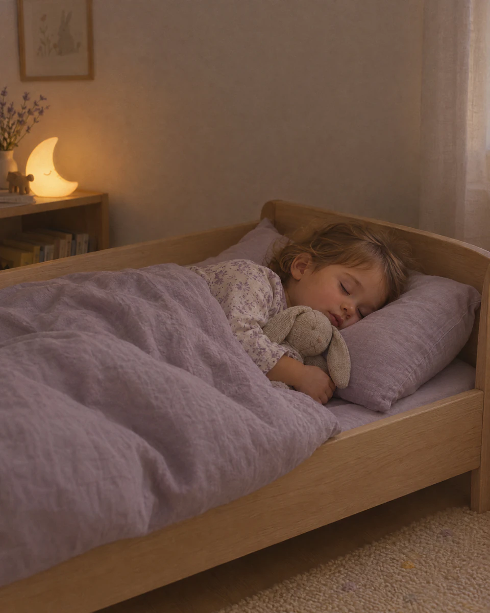 Peque dormido en su cama junto a una lamparita con forma de luna