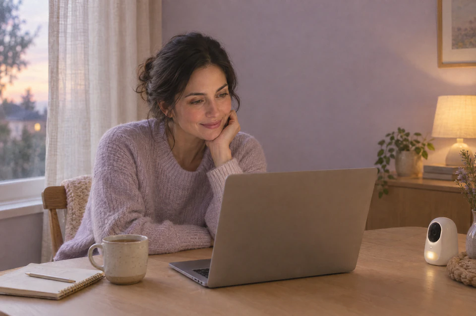 Una madre en casa, atenta a una videollamada con una taza de té